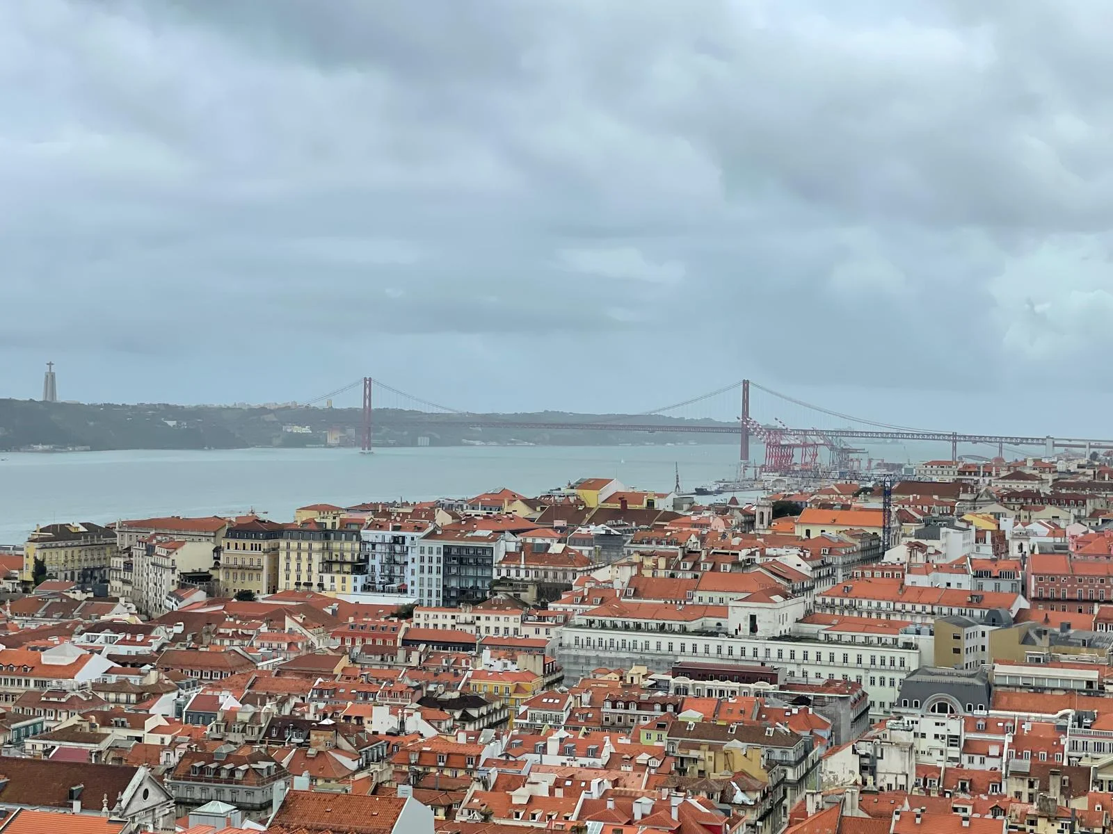 Toits de la ville et pont suspendu rouge