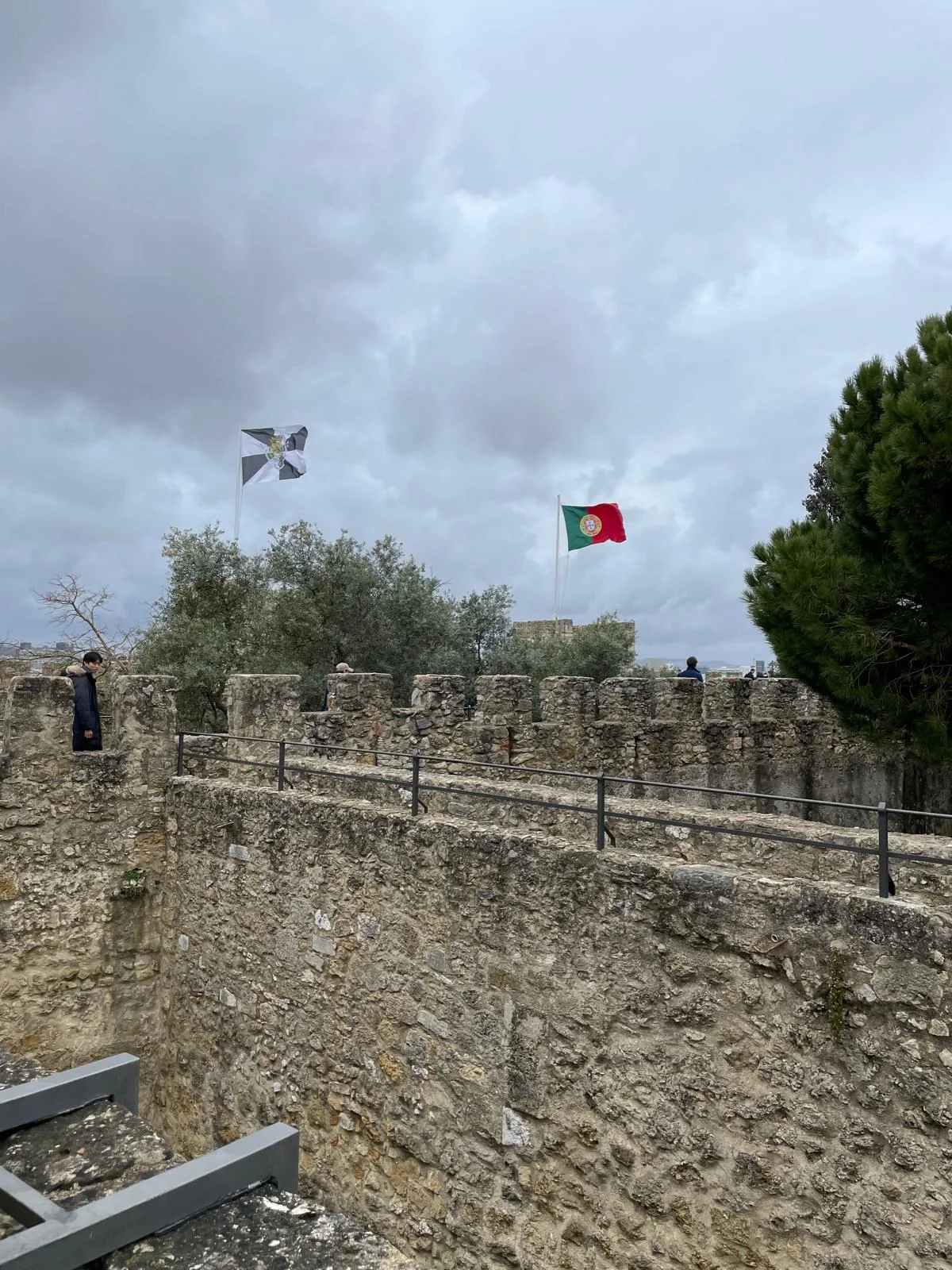 Remparts médiévaux en pierre avec un drapeau