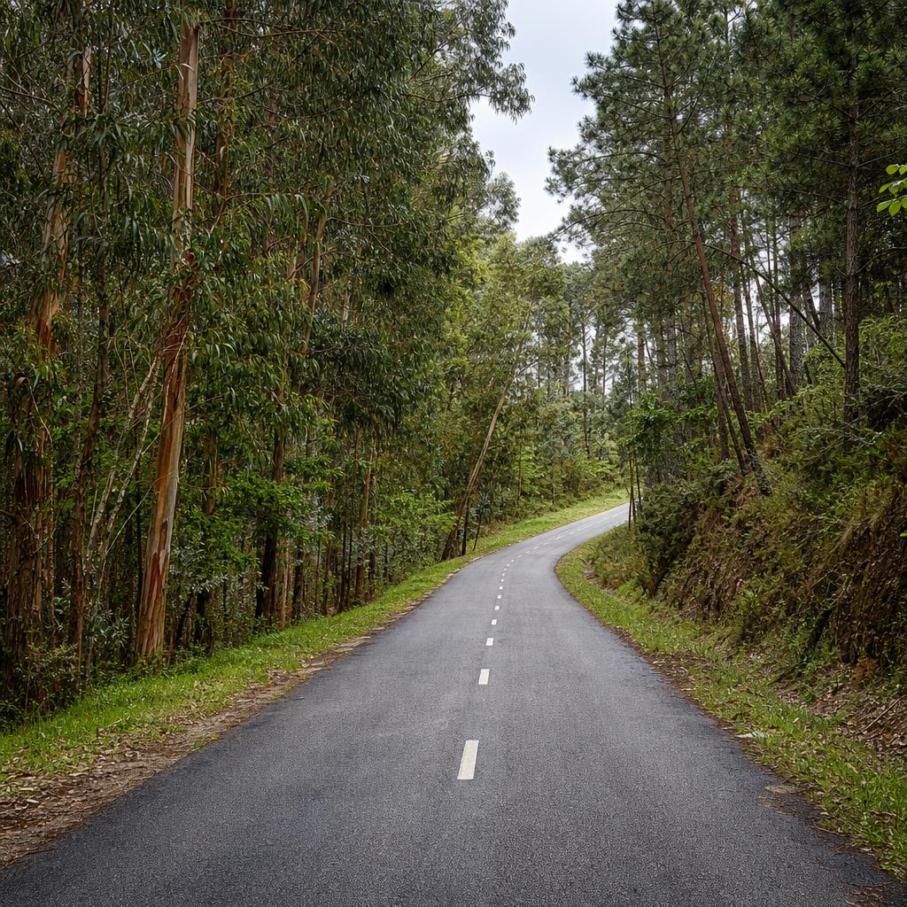 Illustrative image of a winding road through green woodland.